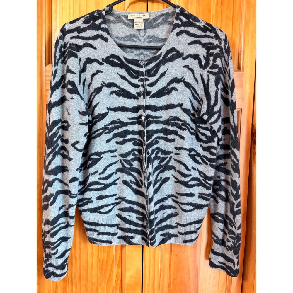 Vertical Design Cashmere Tiger Stripe Cardigan Grey Black Animal Print Sweater L